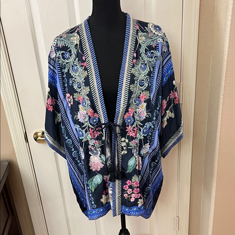 Johnny Was Navy Floral Embroidered Kimono